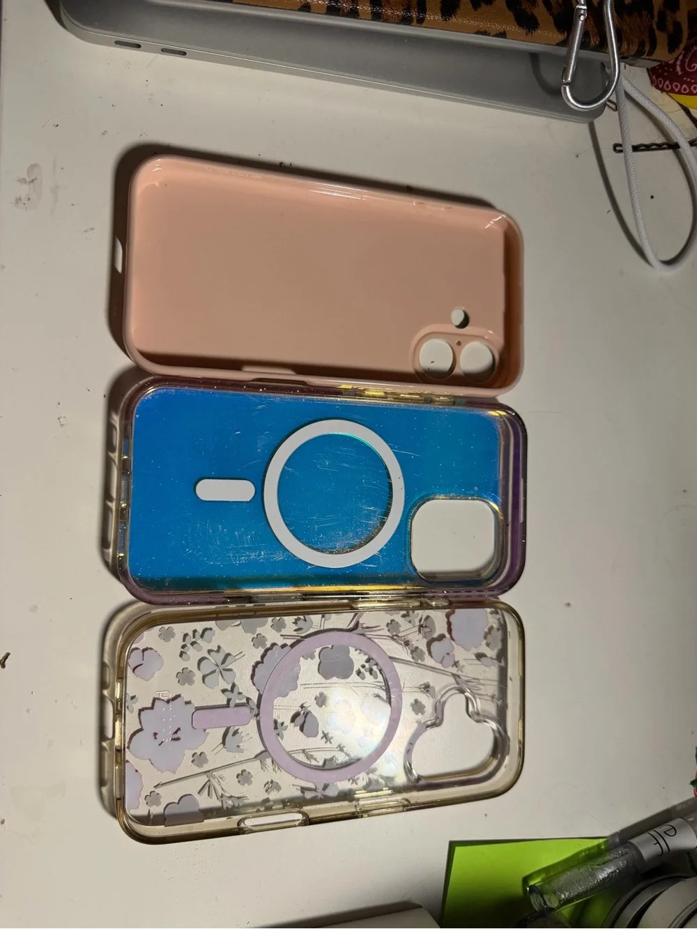 iPhone 16 Phone Case Bundle - Green Checkered, Iridescent Blue, Floral Clear